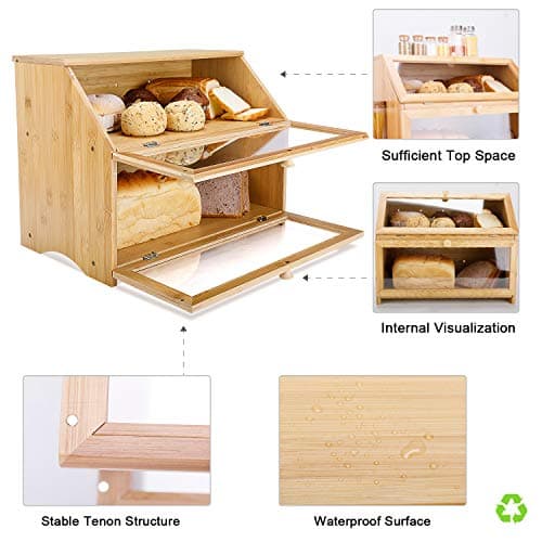 HOMEKOKO Double Layer Large Bread Box for Kitchen Counter, Wooden Large Capacity Bread Storage Bin (Natural Bamboo) 5