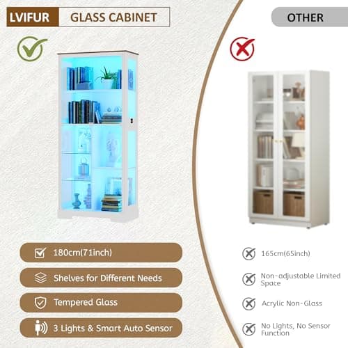Lvifur 71” Display Cabinet with Glass Doors, Modern Curio Cabinet with 3 Color Lights, 7-Tiers Glass Display Cases for Collectibles, Tall Lego Storage Cabinet with Human Body Sensor (White) 7