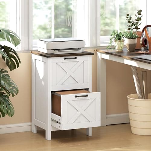 HOMCOM 2 Drawer Vertical File Cabinet with Silent Slides, Rustic Farmhouse Filing Cabinet with Barn Doors for A4/Letter Size, Printer Stand with Storage for Home Office, Distressed White 9