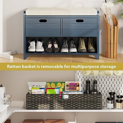 LOVMOR 32" Storage Bench with Removable Basket and 2 Drawers, Navy Wooden Entryway Bench with 250 lbs Weight Capacity 5