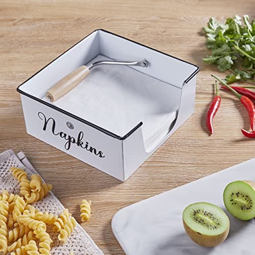 Napkin Holder for Table, Bivvclaz Rustic Metal Napkin Holders for Paper Napkins, Napkin Holders for Kitchen with Wood Accent, Flat Napkin Dispenser for Indoor & Outdoor Use, White 7