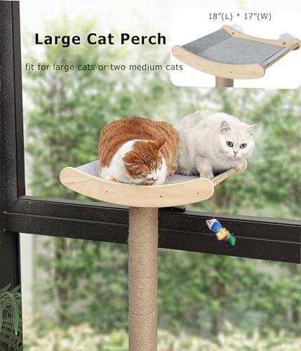 Window Cat Perch with Scratching Posts, 46" Wood Tree Bed for Maine Coon Big Cats Perching and Lounging, Mounted with 3 Strong Suction Cups (Wood Platform) 7