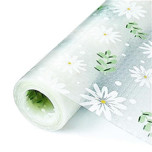 Shelf Liner, Waterproof Refrigerator Liner, Drawer Liners for Kitchen Cabinet, Bathroom Sink Mat No Slip Cupboard Mats Non Adhesive Fridge Liner EVA Place Mats Roll - Leaf Daisy 17.7"×78.7"