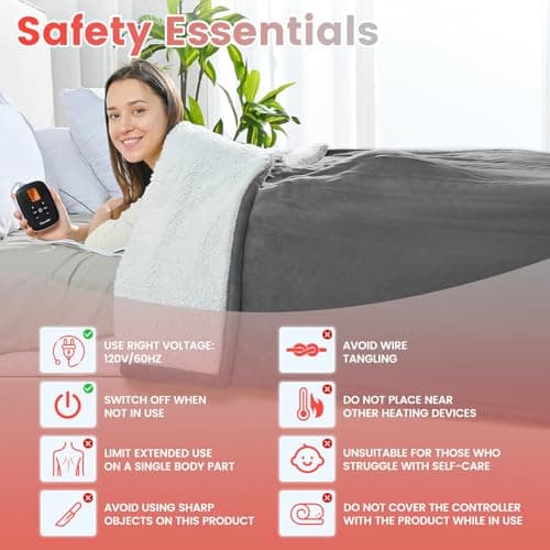 Sunable Heated Electric Blanket - Machine Washable Blanket with Time Settings 10 Heat Settings Full Size 77×84 inches Grey - Velvet & Sherpa 7