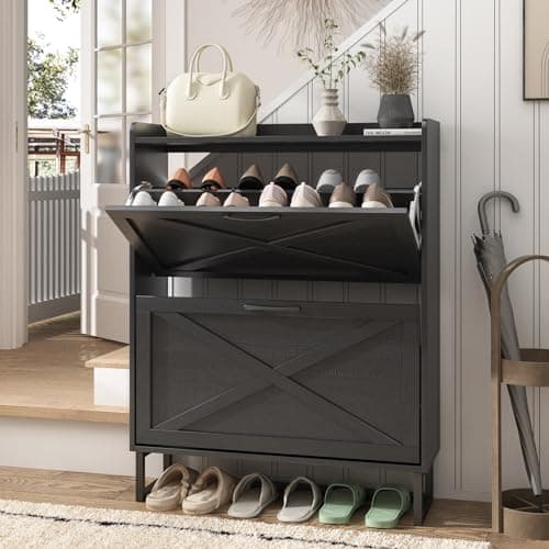 Maupvit Shoe Storage Cabinet with 2 Flip Drawers, Freestanding Organizer with Metal Legs for Entryway, Narrow Shoe Rack Cabinet, Black