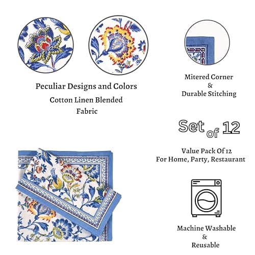 Fingercraft Cloth Napkins, Set of 12 Cotton Linen Blend Printed Dinner Napkins Cloth Mitered Corner Perfect for Parties Dinners Weddings Cocktail Christmas 20x20 Blue Floral 7