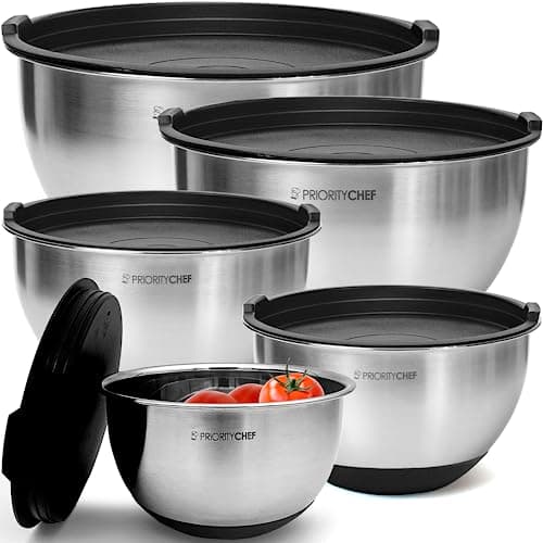 Priority Chef Premium Mixing Bowls With Lids Set, Airtight Lids, Thicker Stainless Steel, Non-Slip Base, 5 Nesting Steel Bowls for Kitchen, Large Prep Metal Bowl Set 1.5/2/3/4/5 Qt, Black