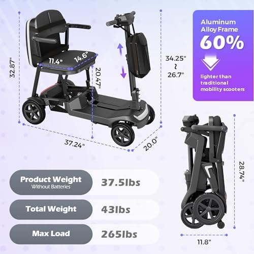 Lightweight Mobility Scooter for Seniors & Adults - 37.5lb Aluminum Frame, Dual Batteries 24.8 Miles Range, Cruise & Airline Approved, Foldable Portable Motorized Scooters, No Assembly Needed, Black 6
