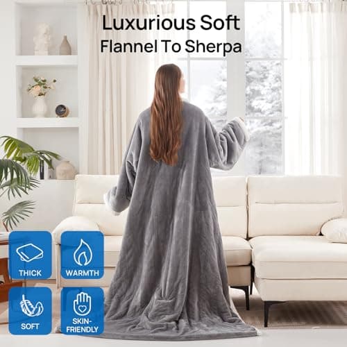 Westinghouse Electric Snuggle Throw Blankets with Foot Pocket, Wearable Heated Blanket with Sleeves, 6 Heating Levels & 2 to 10 Hours Heating Time Settings, 50 * 70"+18", Light Grey 6