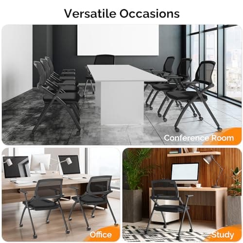 VINGLI 1 Pack Stackable Conference Room Chairs with Wheels, Folding Office Chair with Rebound Back, Padded Seat for Training Room, Guest, Reception, Event, Capacity 350lbs, Black 7