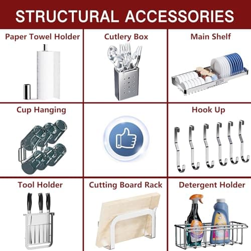 VNKZI Over Sink Dish Drying Rack, 2 Tier Full Stainless Steel Storage Adjustable Length (25.98'' to 36.61'') Kitchen Rack, Multifunctional Expandable Counter Organizer, Space Saver Dish Rack 6