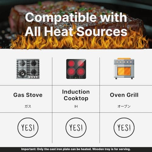 JapanBargain, Set of 2 Cast Iron Sizzling Plates with Wooden Bases – Steak & Fajita Serving Platters – Pre-Seasoned Grill, Oven, Induction Safe – 9.5" x 5.5" Plates, Home or Restaurant Use 5