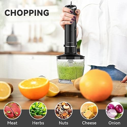 Immersion Blender Handheld, 1000W 5 in 1 Hand Blender, BPA-Free 12 Speed 304 Stainless, Mixing Beaker, Chopper, Whisk, Milk Frother, Soup, Baby Food, Sauce (Black-2) 8