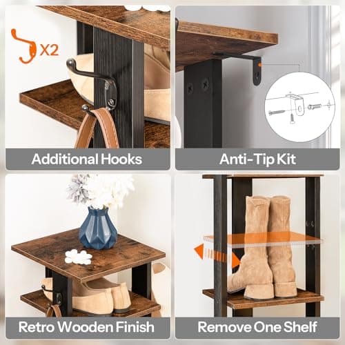 HOOBRO 8 Tiers Vertical Shoe Rack, Wooden Shoe Storage Organizer with Hooks, Narrow Shoe Tower for 8 Pairs, Space Saving, for Entryway, Living Room, Bedroom, Rustic Brown BF07XJ01G1 5
