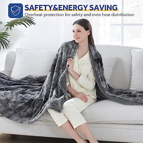 Sealy Electric Blanket Heated Throw, Faux Fur Heating Blanket with 6 Heat Settings & 2-10 Hours Auto Shut Off, Fast Heating & ETL Certification, 50x60 Inch, Grey 9
