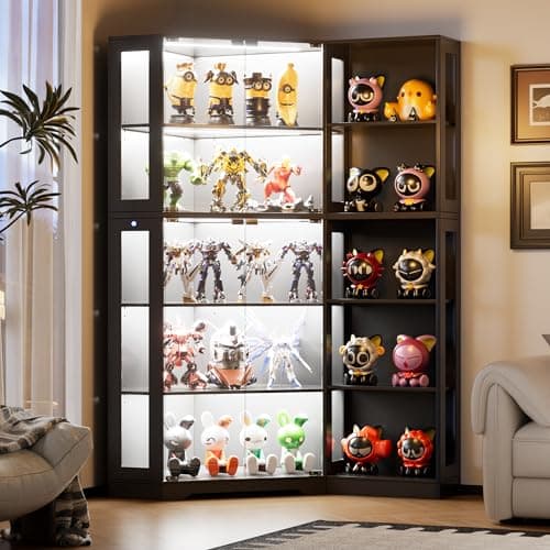 PAKASEPT Corner Display Curio Cabinet with Glass Doors, Glass Display Case with LED Lights for Collectibles,Display Storage Shelves for Living Room,Black 9