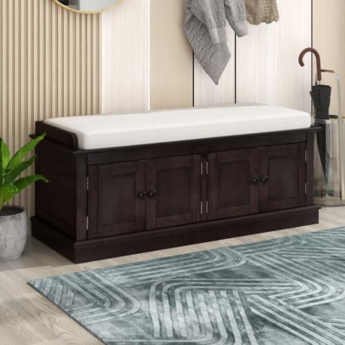 P PURLOVE Farmhouse Storage Bench for Entryway,Wood Storage Benches with Adjustable Shelves,Shoe Bench with Storage and Removable Cushion for Entryway,Espresso