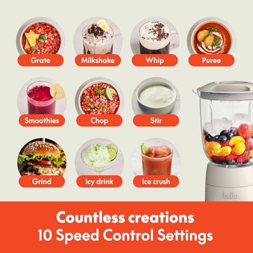 bella 10 Speed Countertop Blender, Juicer & Smoothie Maker, Fits-anywhere™ Kitchenware, Slim Flip & Store Design, Dishwasher Safe 48oz Capacity Pitcher & Lid, Stainless Steel Blade, 450 Watt, Oatmilk 5