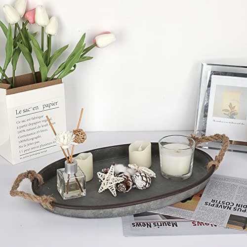 Hipiwe Galvanized Metal Iron Oval Tray with Rope Handle Farmhouse Serving Tray Rustic Industrial Decorative Centerpiece for Coffee Table Weddings and Parties Decor, Large 8