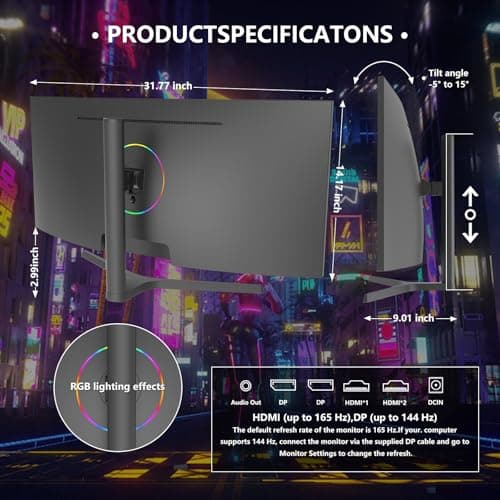 Sealan 34 inch Curved Ultrawide Computer Gaming Monitor 165Hz,UWQHD 3440x1440,1500R -PIP,1ms (MPRT),HDR, 300nits, sRGB99%,FreeSync,HDMI2.0(TMDS) x2,DP1.4 x2,Eye Care,VESA,Support Lifting Base 10