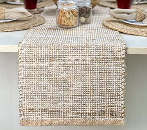 Chardin home Natural Jute Table Runner 13x108 Inch – Vintage Boho Rustic Table Decor – Handwoven Long Table Runner in Natural Jute and Ivory – Farmhouse Dining or Console Table Accent
