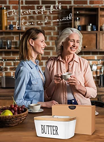 Butter Dish with Lid, Large Butter Container for Countertop, Ceramic Butter Holder for Counter, Butter Tray Butter Keeper with Knife and Sponge Scrubber, Perfect for 2 Sticks of Butter, White 6