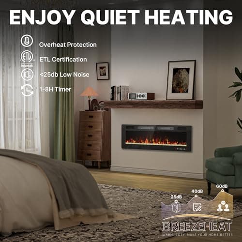 50" Ultra Thin Electric Fireplace, Wall Mounted & Freestanding, LED Fireplace Insert, Wall Fireplace for Living Room/Bedroom w/Touch Screen, Remote Control, 750W/1500W, Quiet, 8H Timer 6