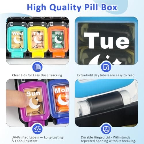 Shintop Weekly Pill Organizer 2 Times a Day, Moisture-Proof Large Vitamin Box 7 Day Secure-Locking Medicine Case with Detachable Rows for Home & Travel (Rainbow) 7