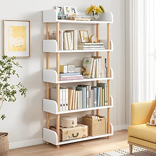 OSCHF 5-Tier Wooden Open Bookcase - Modern Display Bookshelf with Top Edge and Solid Wood Frame for Home and Office, Storage Cabinet, Warm White
