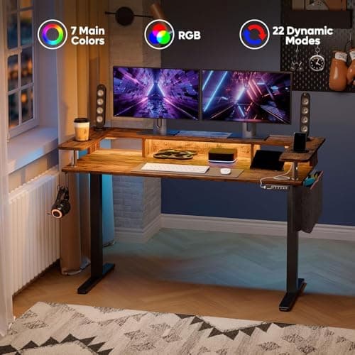 Bestier LED Electric Standing Desk Adjustable Height, 58x26 Inch Large Sit Stand Desk with Monitor Stand, Ergonomic Rising Desk for Home Office Workstation, Headphone Hook Storage Bag Brown 5