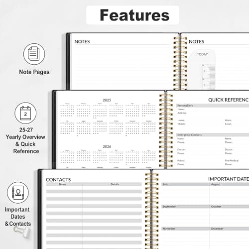 SUNEE Academic Planner 2025-2026 Weekly and Monthly, July 2025-June 2026, 8.5"x11", Tabs, Note Pages, Pockets, Bookmark, Flexible Cover, Spiral Binding, Black 5