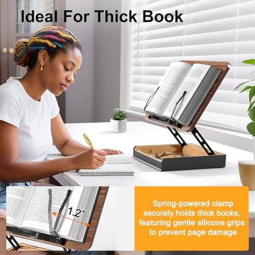 HUMANCOZY Book Stand with Storage, Book Holder for Reading Hands Free, Wooden Cookbook Stand for Kitchen Counter, Adjustable Reading Stand for Desk, Recipe Stand, Book Prop for Book Lovers 5