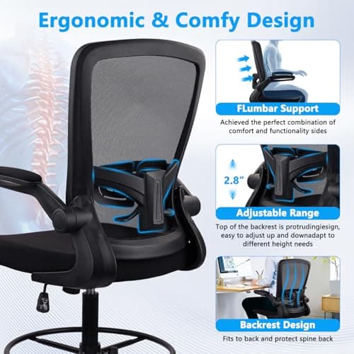 Drafting Chair Tall Office Chair, High Chairs with Flip-up Armrests Executive Ergonomic Computer Standing Mesh Desk Chair with Adjustable Footrest Ring and Lumbar Support Black 6