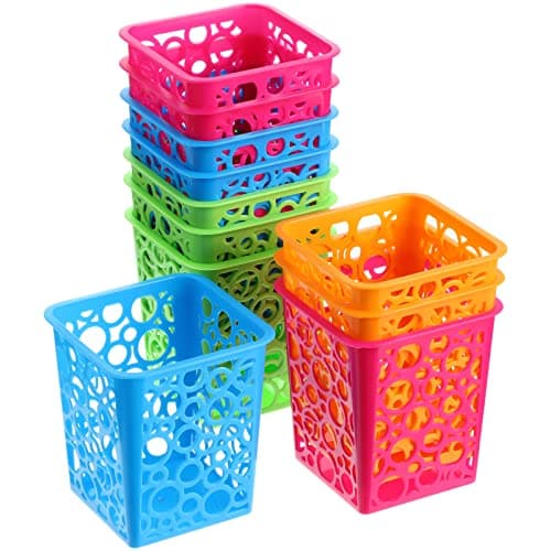 12 Pcs Desktop Pencil Holder Plastic Cups for Desk Hollow Square Classroom Pencil Baskets Office Storage Organizer for Kids Makeup Cosmetic Cup Home Classroom Drawer in 4 Bright Colors