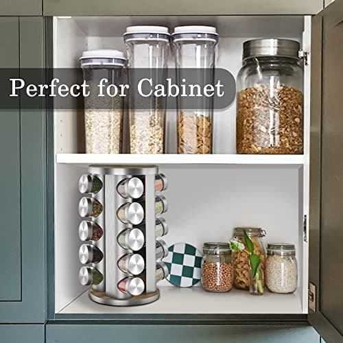 Kylinbigda 360-degree Rotating Glass and Stainless Steel Spice Rack with 20 Jars, Anti-Sprinkling Design, Great Gift 7