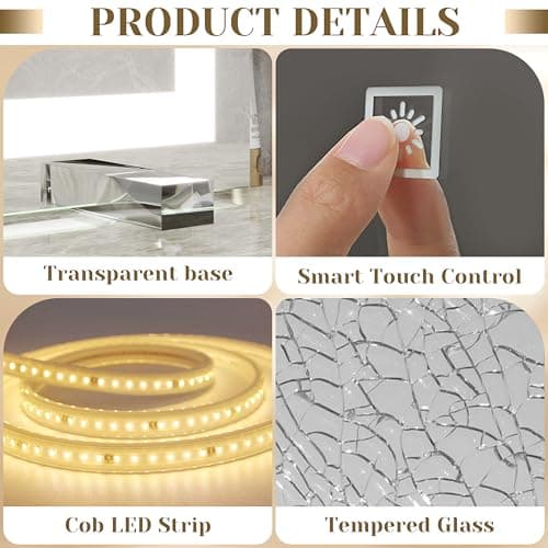 ROLOVE 22x20 Inch Lighted Vanity Mirror, 3-Mode Touch Dimming LED Lighting, Large Makeup Mirror for Dressing Room, Tabletop or Wall-Mounted, White 8