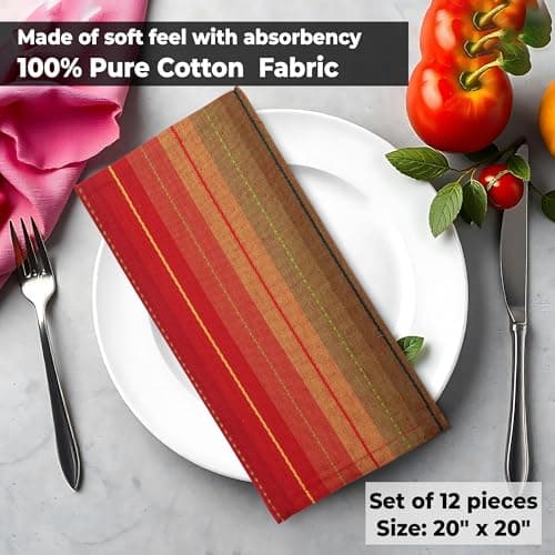 Urban Villa Cloth Napkins Cuisine Stripes 100% Cotton Absorbent Dinner Napkins Set of 12 20x20 Inches Red Multi Color Soft Durable Washable and Reusable Ideal for Everyday Use Wedding Parties Napkins 7