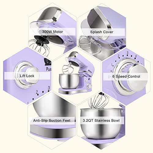 Stand Mixer, Kitchen in the box 3.2Qt Small Electric Food Mixer,6 Speeds Portable Lightweight Kitchen Mixer for Daily Use with Egg Whisk,Dough Hook,Flat Beater (Purple) 5