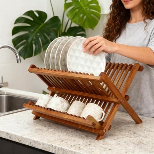 Utoplike Teak Dish Drainer Rack Collapsible 2 Tier Dish Rack Dish Drying Rack Foldable Plate Organizer Holder for Kitchen Compact Countertop 7