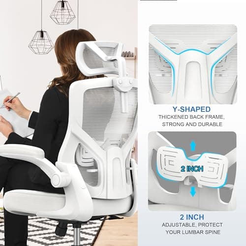 Home Office Chair, Ergonomic Comfy Desk Chair, High Back Computer Chair- Adjustable Headrest with Flip-Up Arms, Lumbar Support, Swivel Executive Task Chair (Modern, White) 5