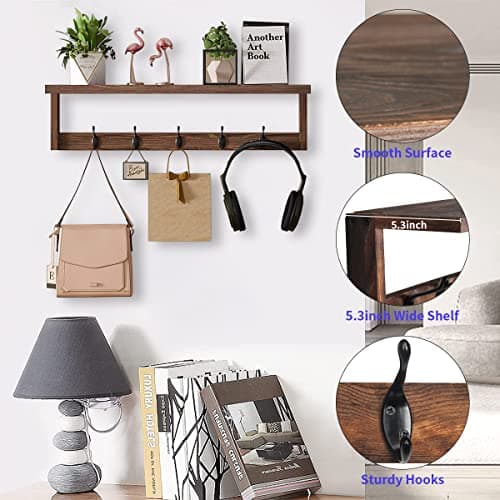 BEIUTAO 2 Pack Wall Mount Coat Rack with Shelf, Wood Coat Hanger with Hooks, Entryway Shelf for Clothes, Hats, Towel, Purse, Living Room, Bedroom, Bathroom, Rustic Brown 5