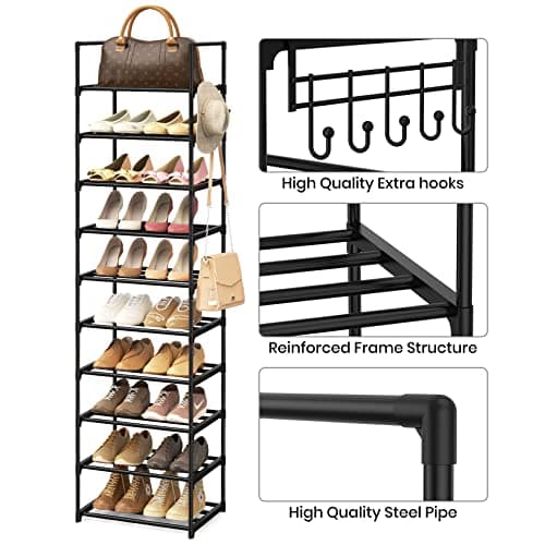 WEXCISE Narrow Shoe Rack 10 Tiers Tall Shoe Rack for Entryway 20 24 Pairs Shoe & Boots Organizer Storage Shelf Durable Black Metal Stackable Shoe Cabinet with Hooks, 17.1D x 11.8W x 78.7H in 6