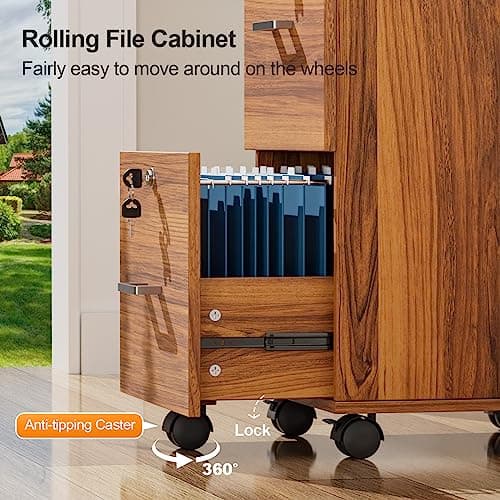 VINGLI 2-Drawer Rolling File Cabinet with Lock, Wood Mobile File Organization for Hanging Letter Size Filings Under Desk Filing Cabinets for Home Office, Assembly Required, Classic Walnut, 26.5" H 6