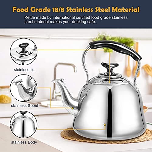 Tea Kettle Stovetop Whistling Teakettle ClassicTeapot Stainless Steel Tea Pots for Stove Top with Heat-resistant Folding Handle Mirror Finish, 2 liters 5