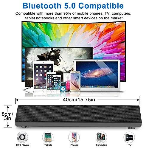 Portable Sound Bar for TV/PC, 105dB Bluetooth 5.0 Wireless & Wired Soundbar with 2200 mAh Battery, 3D Surround Sound Home Theater Built-in Subwoofer with Remote Control for Projectors/Phones/Tablets 7