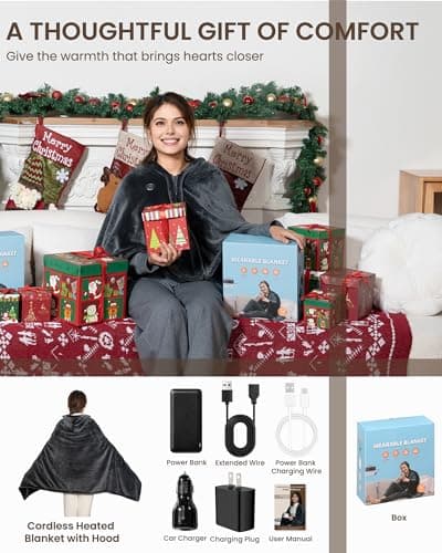 Cordless Heated Blanket with Hood, USB Battery Powered Heated Wearable Blanket with 9 Heating Zones, 20000 mAh Power Bank, 3 Levels, Portable Heated Throw Blanket, Heated Shawl (Warm Charcoal Gray) 9