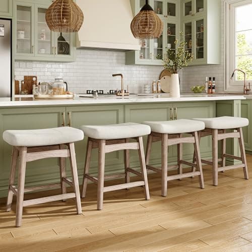 MAISON ARTS Counter Height Bar Stools Set of 4 for Kitchen Counter Solid Wood Legs with Fabric Saddle Seat Farmhouse Barstools for 34"-38" Counter Island Upholstered Stools, 24in, Creamy White