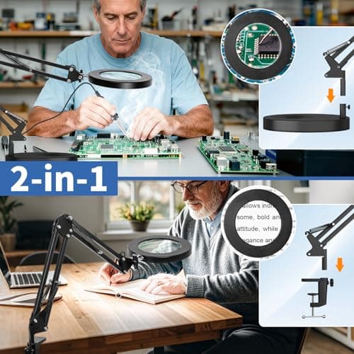HITTI 10X Magnifying Glass with Light, 1,800 Lumens Stepless Dimmable, 3 Color Modes, 4.2″ Real Glass Lens LED Desk Lamp & Clamp, Magnifier Light and Stand for Crafts, Soldering, Fly Tying, Close Work 5