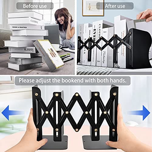 Non Skid Book Ends to Hold Books, Carooyac Metal Adjustable Book Ends Decorative Bookends for Home Office, Heavy Duty Kids Bookshelf Magazine Holder Book Organizer for Desk 5