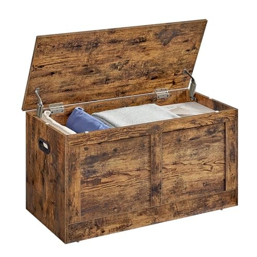 VASAGLE Storage Chest, Storage Trunk with 2 Safety Hinges, Storage Bench, Shoe Bench, Farmhouse Style, 15.7 x 31.5 x 18.3 Inches, for Entryway, Bedroom, Living Room, Rustic Brown ULSB064K01
